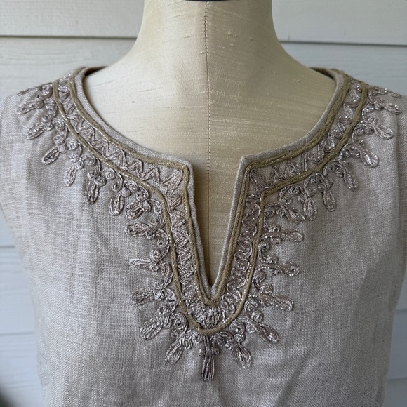 LOFT Beige 100% Linen Embellished Sleeveless Dress, Size‎ 2 - Picture 2 of 8